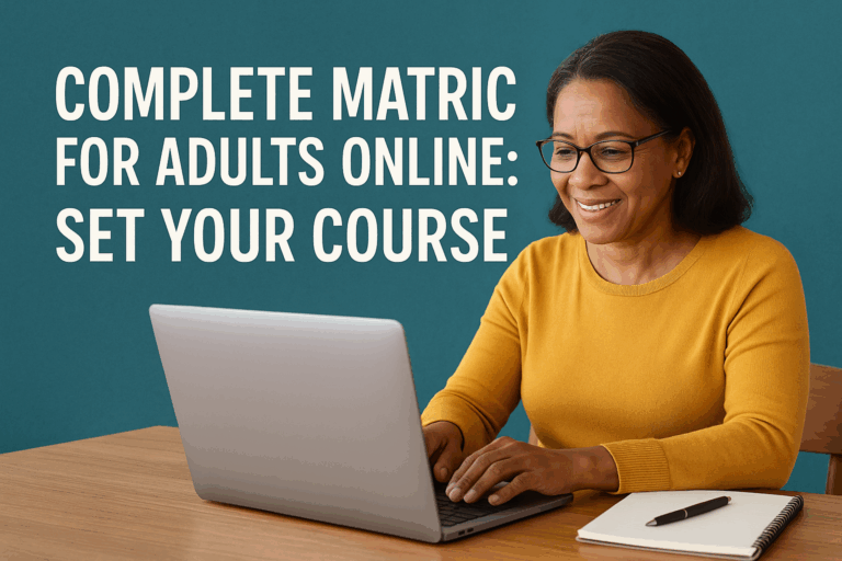 Adult woman studying online on a laptop with text “Complete Matric for Adults Online: Set Your Course” promoting online matric education for adults.