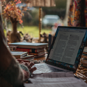 Person sitting at a desk with a laptop and books, surrounded by papers, studying at home with a window view in the background.